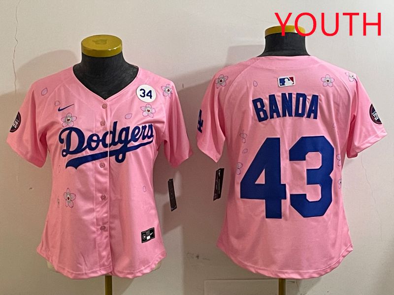 Youth Los Angeles Dodgers #43 Banda Pink White Blue Sakura Edition 2025 Nike MLB Jersey style 8->youth mlb jersey->Youth Jersey